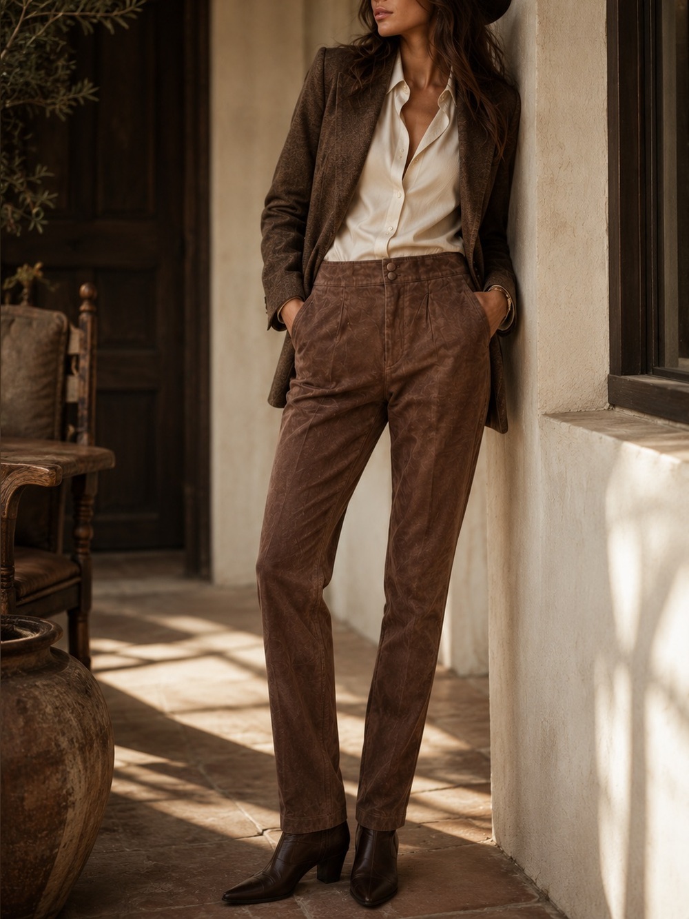 Vintage 100% Suede High Rise Pants Chocolate Brown Western Quiet Luxury Size: 8